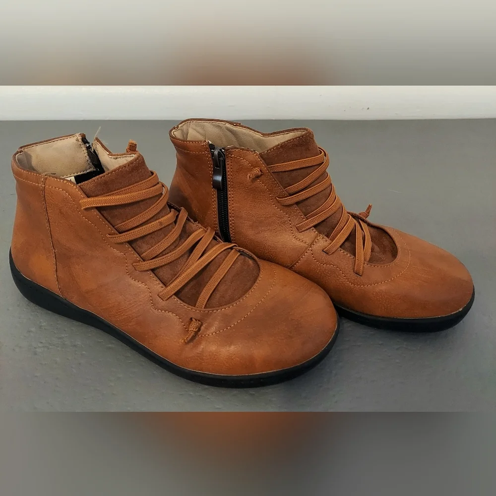Brown Faux Leather Ankle Boots